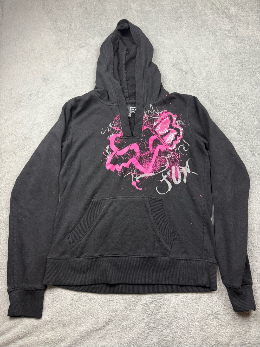 Fox Racing Pullover Hoodie Black Pink Sequin Y2K Chic McBling Style Size M